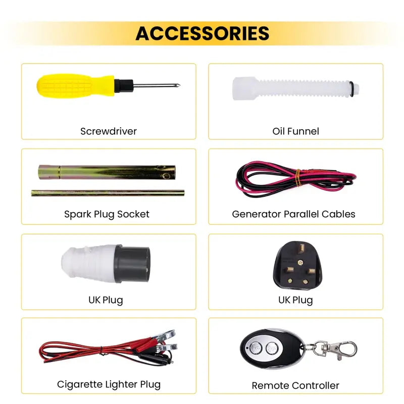 MXR5500 Generator List of accessories including a screwdriver, oil funnel, spark plug socket, generator parallel cables, UK plug, cigarette lighter plug, and remote controller