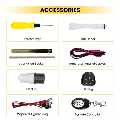 MXR5500 Generator List of accessories including a screwdriver, oil funnel, spark plug socket, generator parallel cables, UK plug, cigarette lighter plug, and remote controller