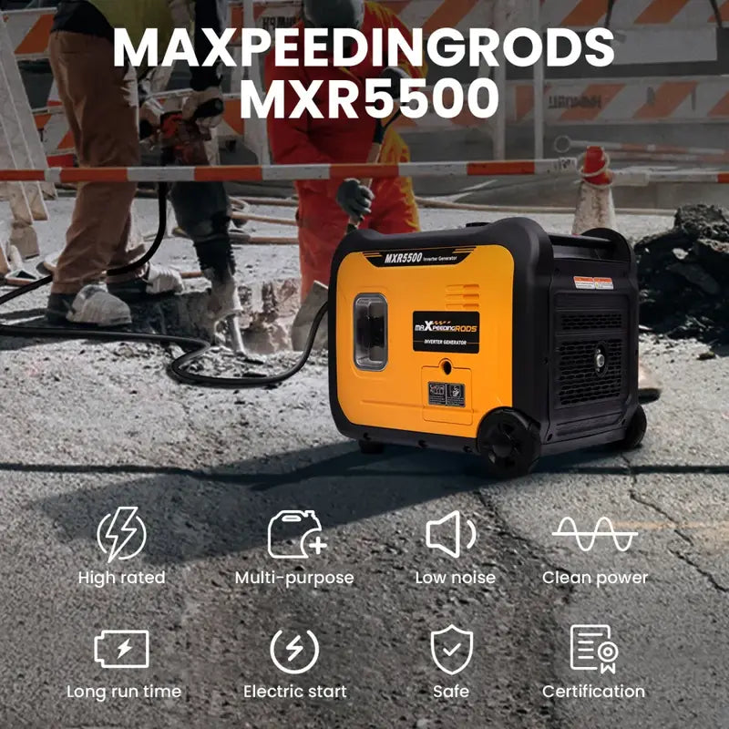 MXR5500 generator on a construction site with worker and equipment.