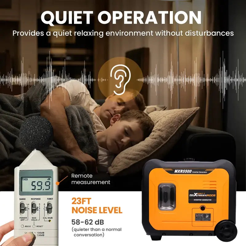 MXR5500 Generator with noise level measurement device and text about quiet operation