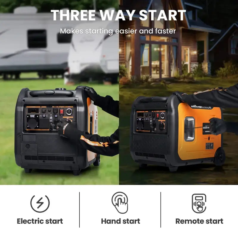 MXR5500 portable generators with 'Three Way Start' features displayed outdoors.