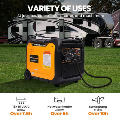 MXR5500 Portable generator on grass with text about its uses and specifications.