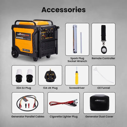 MXR9000 List of accessories for a generator on a gray background
