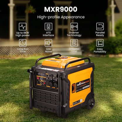 Portable generator MXR9000 on a grassy area, featuring features like high power output and ATS interface.