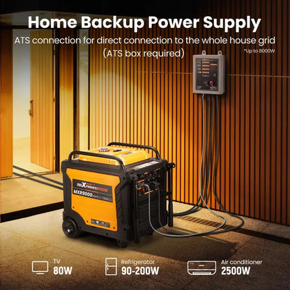 MXR9000 Home backup power supply unit with connection to a house grid, displayed indoors.