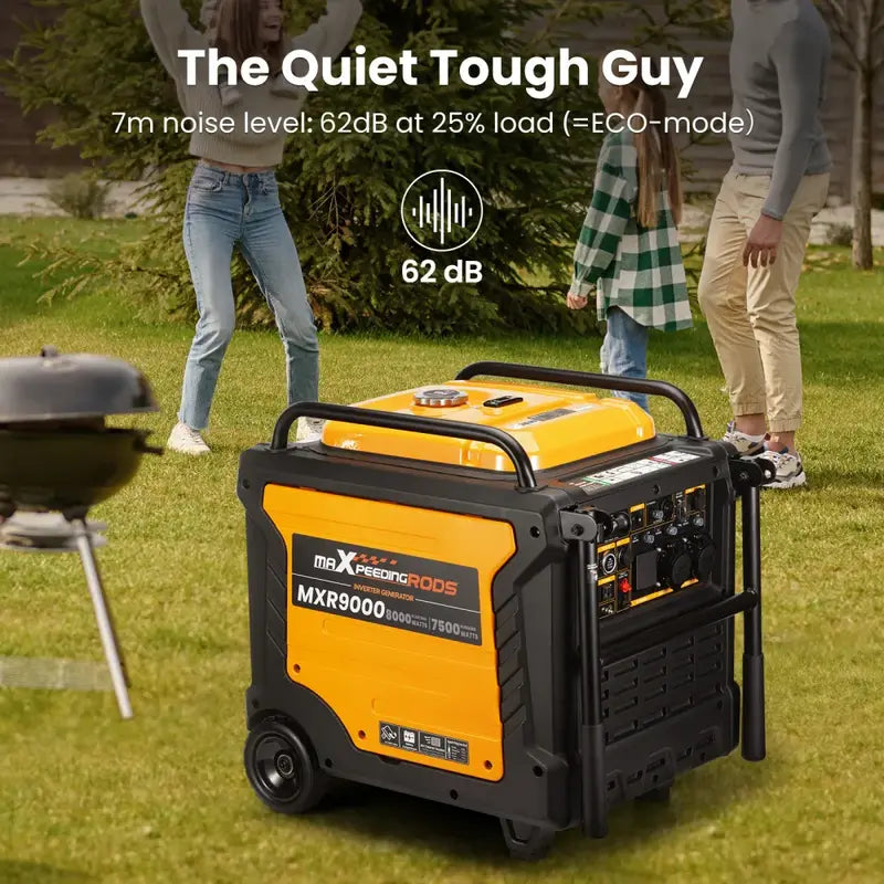 MXR9000 generator on a grassy area with people in the background