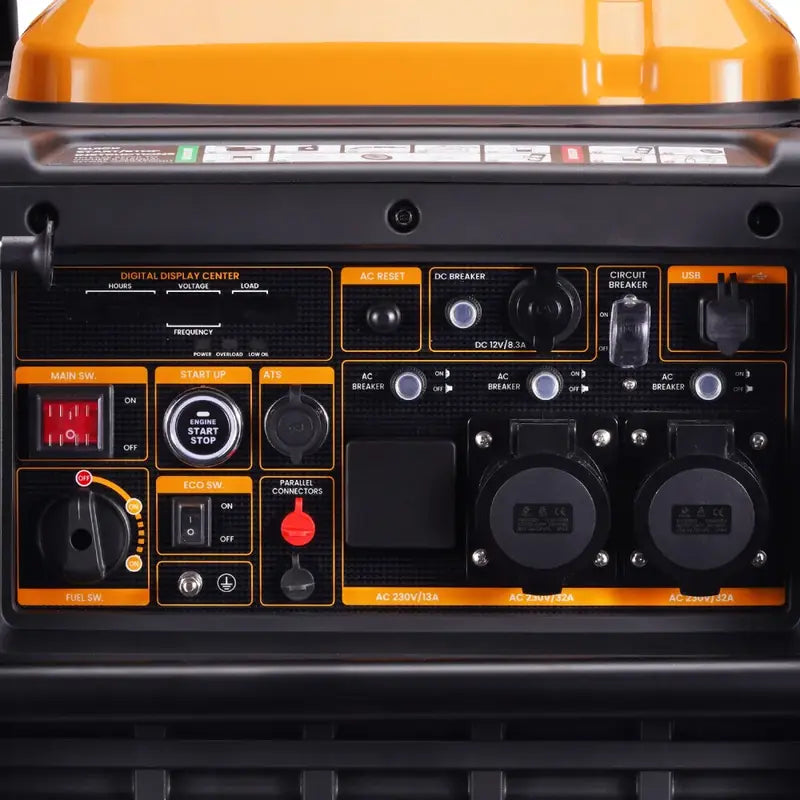 Control panel on MXR9000 portable generator with switches and outlets.