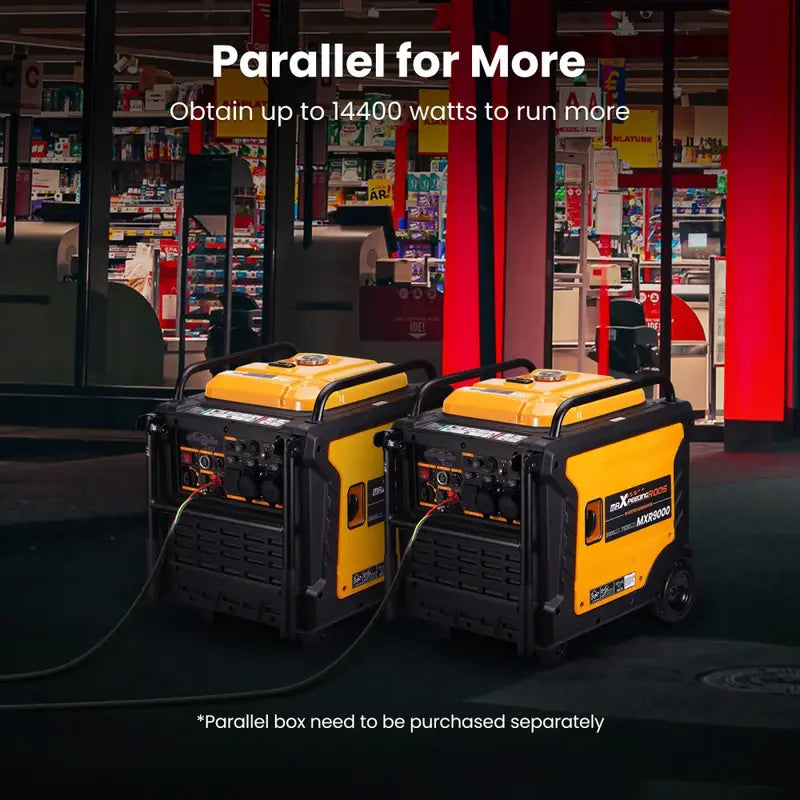Two generators in a store setting with text about parallel power output and additional purchase requirement.