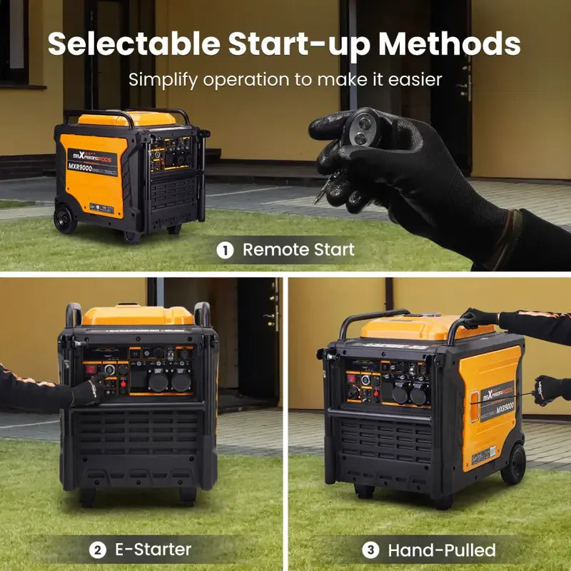 MXR9000 Generator with remote start, E-starter, and hand-pulled options on a grassy area.